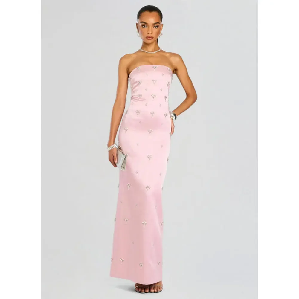 NWT $1098 Elise Blush Pink Satin Crystal Beaded Dress Gown Cocktail XS Rare - Picture 5 of 16